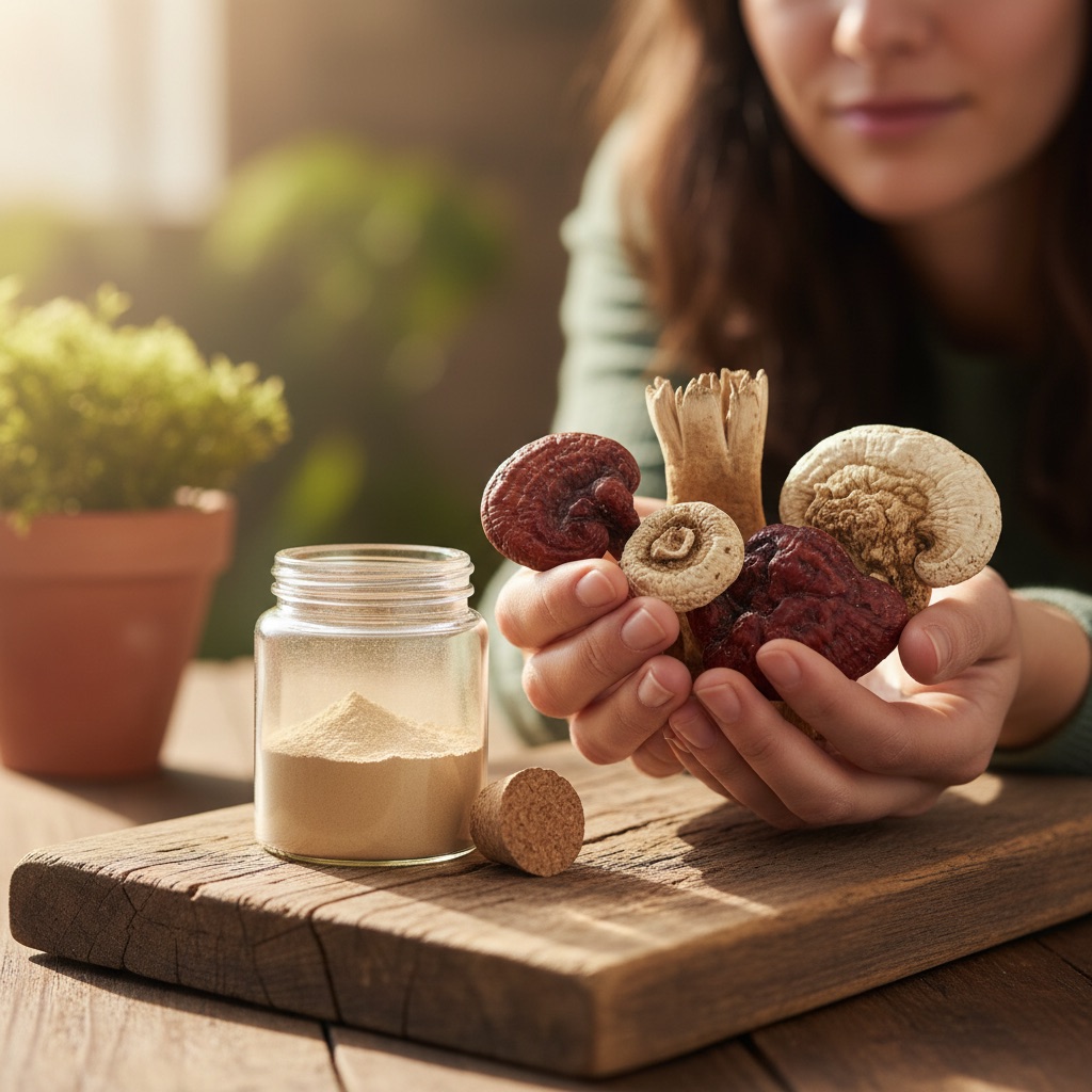 How to choose a medicinal mushroom supplement (fruiting body vs mycelium) — editorial imagery