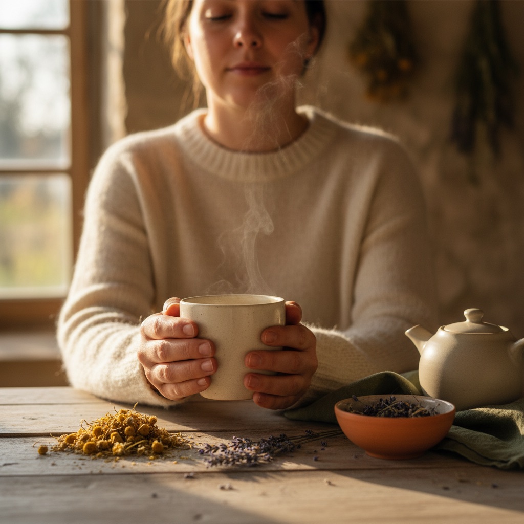 How to choose a sleep tea (chamomile, valerian, passionflower) — editorial imagery